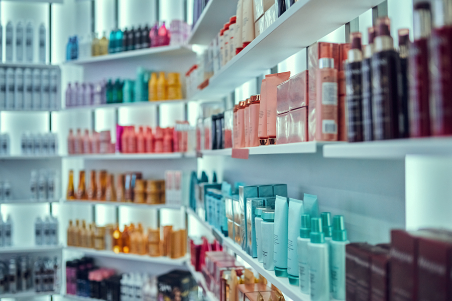 cosmetics products on shelves from co-packing customer