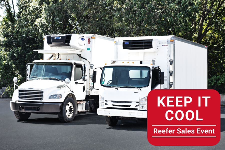 Two white refrigerated trucks - keep it cool promotion